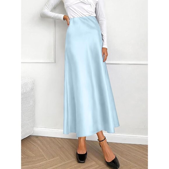 Elegant Satin Maxi Skirt for Women High Waisted Baby Blue Silk Fall Dressy Casul - Picture 7 of 7